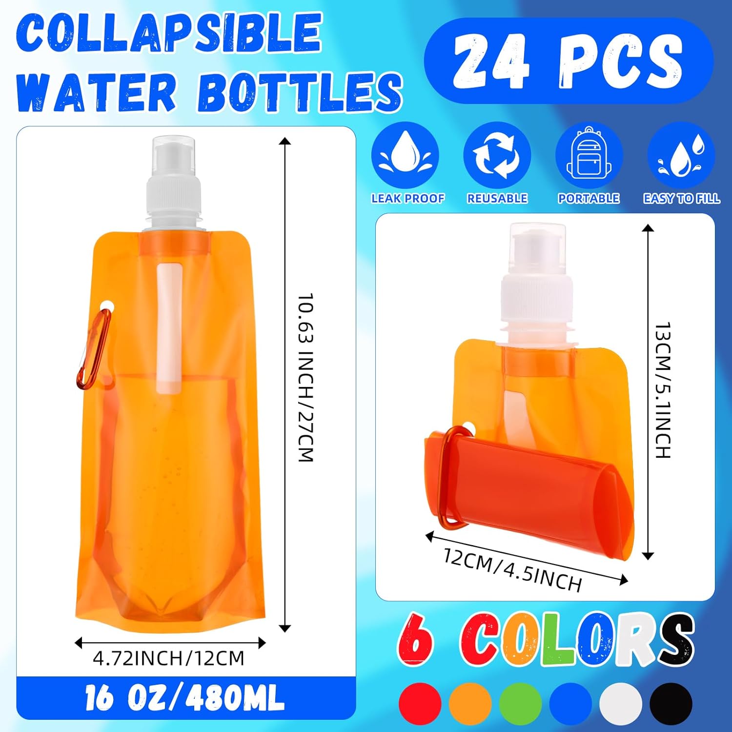 Teenyyou 48 Collapsible Water Bottles Bulk 16 oz with Carabiner Clip Cooling Towels 40'' x 12'' Reusable Leak Proof Water Bottles Mixed Color Ice Towel for Sports Biking Hiking Outdoor (6 Colors)