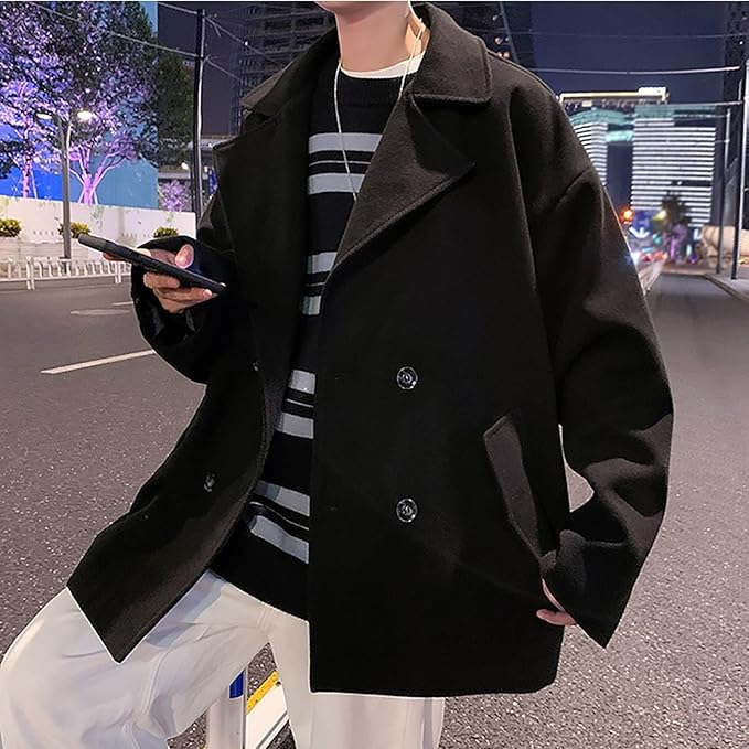 秋冬メンズウェアチェック柄トレンチコートメンズルースラペルシングルブレストウインドブレーカー男性 Color Black Large Size 激安通販販売