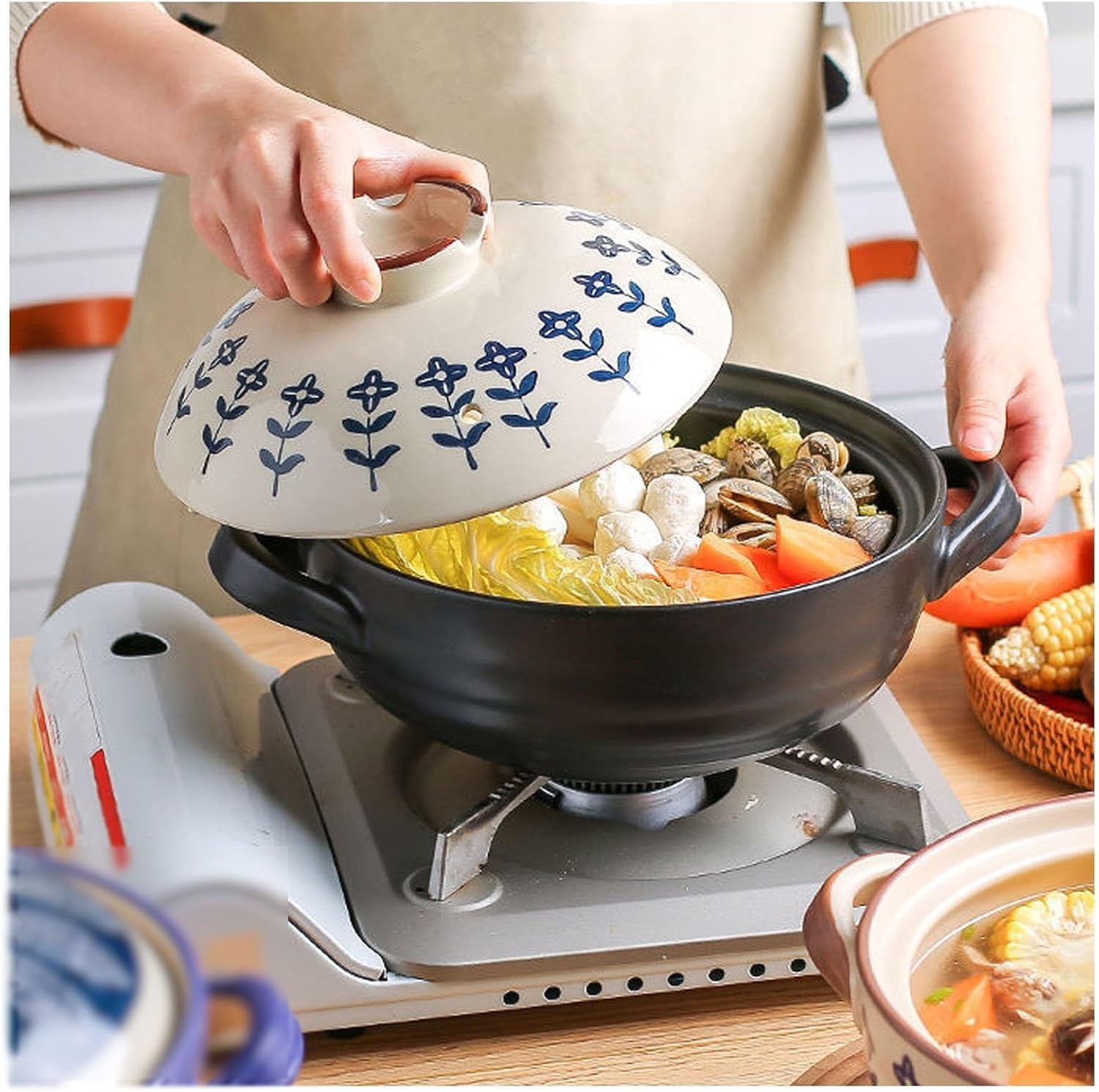 Casseruola Giapponese in Terracotta | Pentola Tradizionale in Ceramica per Cottura A Vapore, A Fuoco Lento E Brasatura | Perfetta per Stufati E Zuppe One Color 1.5L