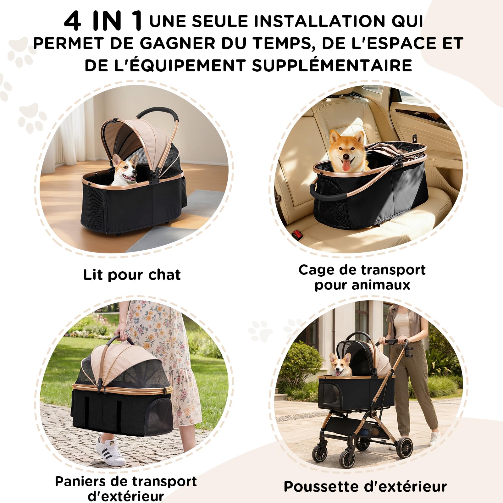 GTPLAYER Poussette Chien 4-en-1, Poussette pour Chien Chat, Jusqu'à 25KG, Voyage Transporteur Amovible, Poussette Tout-terrain Pour Animaux de Compagnie, Or