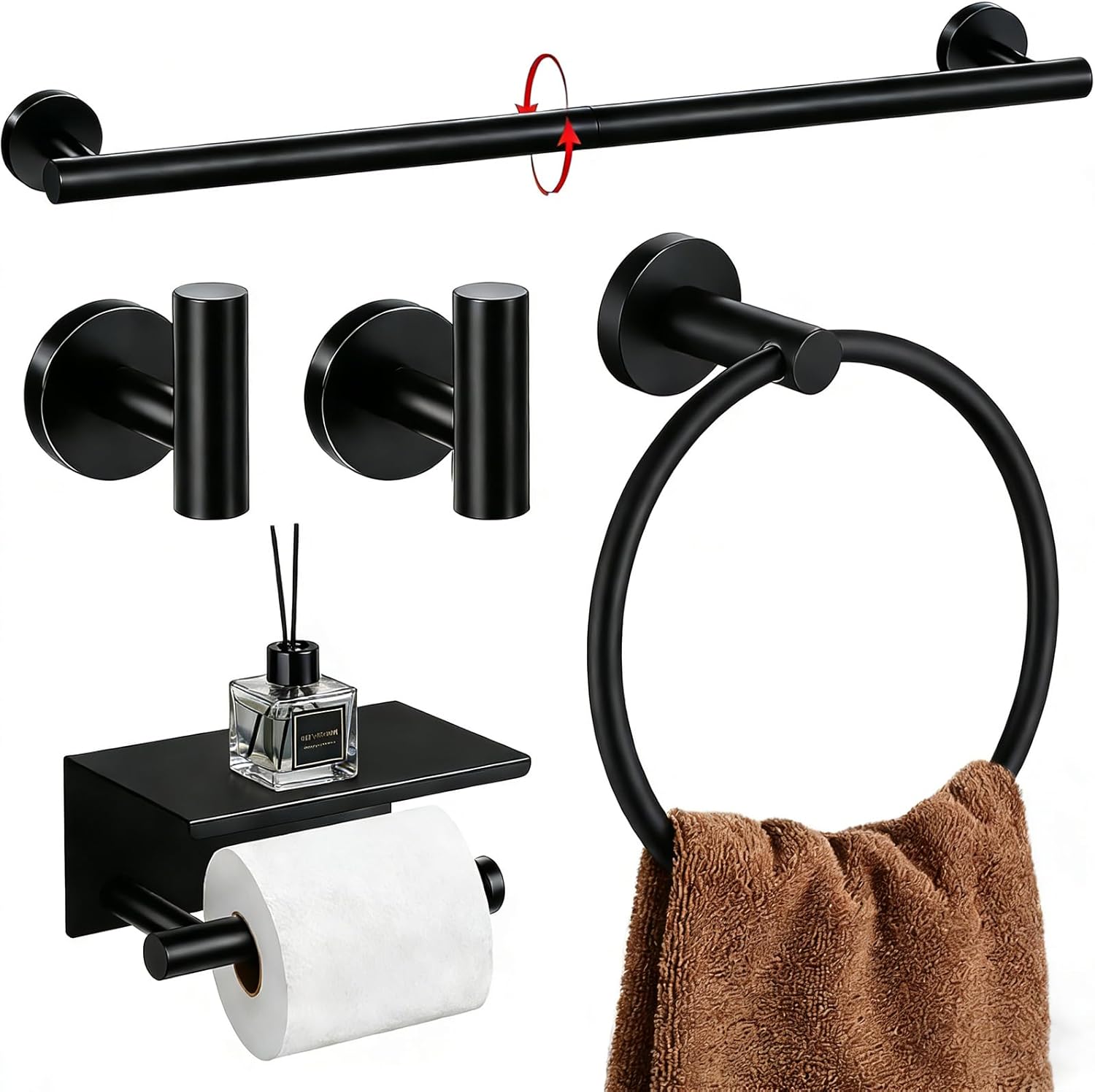 5-Piece Matte Black Bathroom Accessories Set, 24-Inch Wall-Mounted Towel Bar, Toilet Paper Holder with Shelf, SUS 304 Stainless Steel Bath Hardware, Towel Rack for Bathroom, Kitchen, Laundry Room