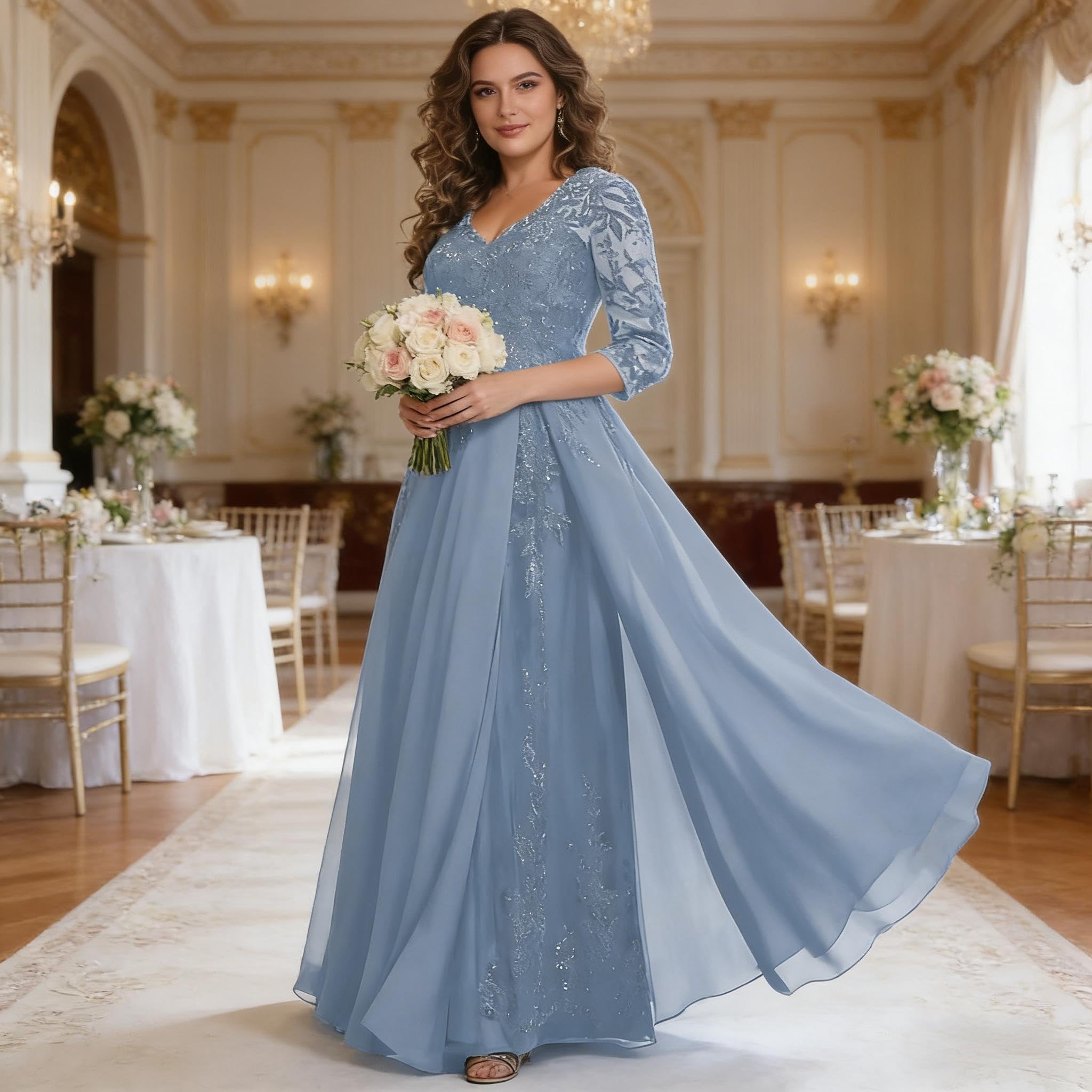 Robes de mère de la mariée à manches 3/4 pour mariage en mousseline de soie appliques en dentelle col en V longue robe de soirée formelle