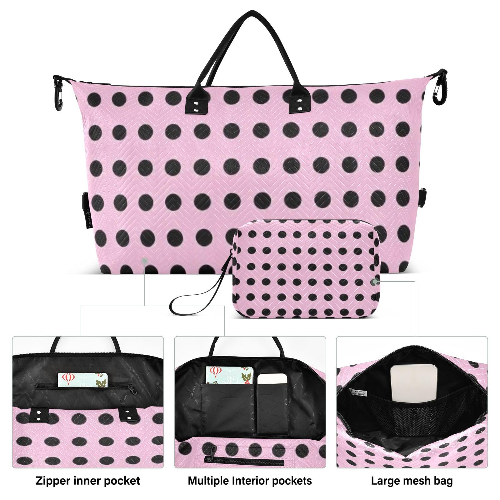 Reisetaschen-Set, große Tasche und Mini-Tasche, Ultraschall, gesteppt, Kulturbeutel, leichte Aufbewahrung, Rouge-Punkte, One Size, Klassisch