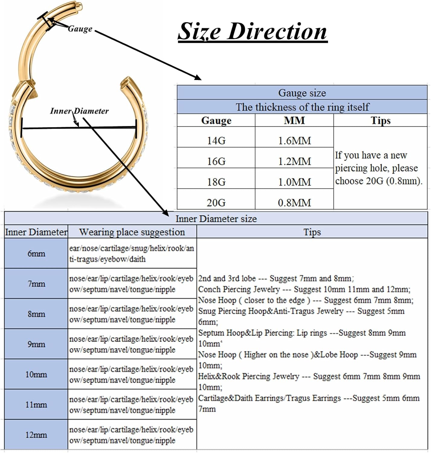 Yrogcu 20G 18G 16G 14G Single/Double Hoop Stainless-Steel Seamless-Hinged-Piercing Segment-Clicker Nose-Ring-Hoop : Diameter 6mm 8mm 10mm 12mm Cartilage Earrings - Image 2