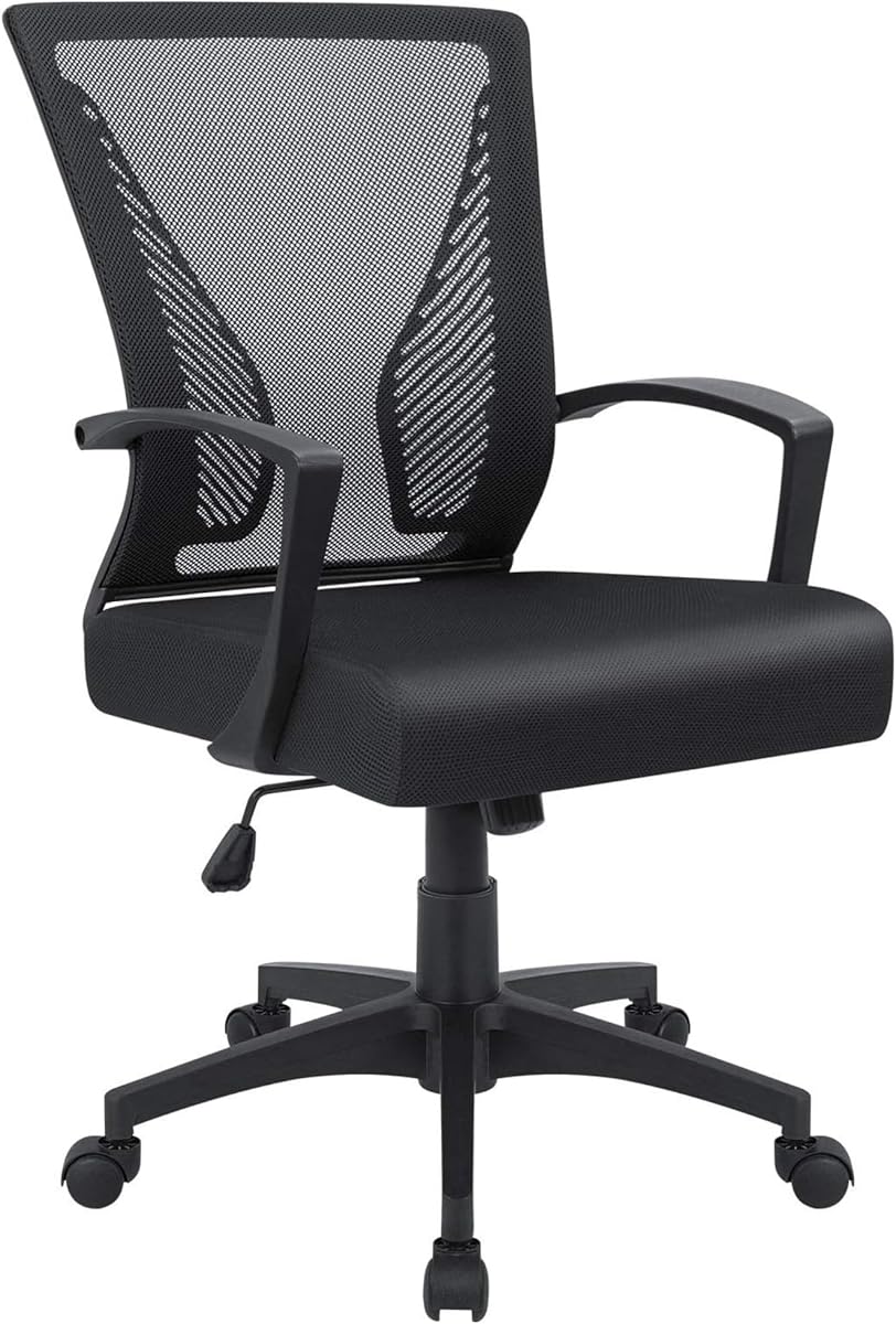 Furmax Office Chair Ergonomic Computer Desk Mesh Chair Mid Back Swivel Lumbar Support with Armrest (1, Black)