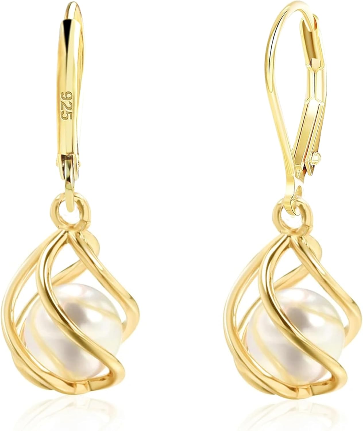 18K Gold Plated Caged Pearl Dangle Drop Earrings for Women Lightweight Leverback Dangling Teardrop Earrings Minimalist Jewelry Gift for Her