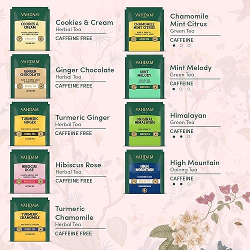 Vista 76 de VAHDAM, Paquete surtido de té Chai (6 deliciosos sabores, 36 bolsas de té piramidales ecológicas) con cafeína, sin gluten, sin OGM, mezclas de té