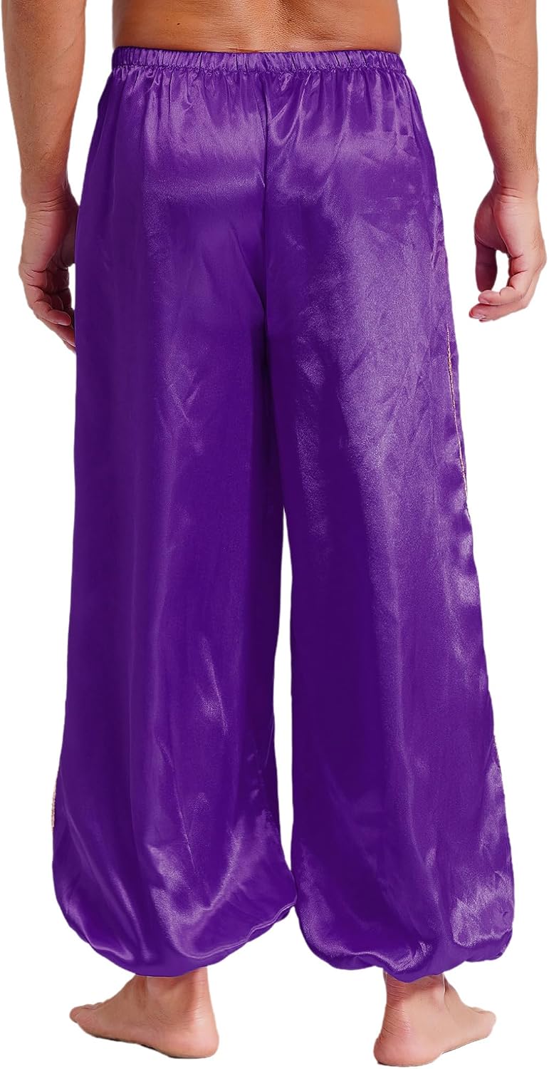 Mens Halloween Costume Arabian Prince Pants Elastic Waist Gold Trim Loose Bottoms