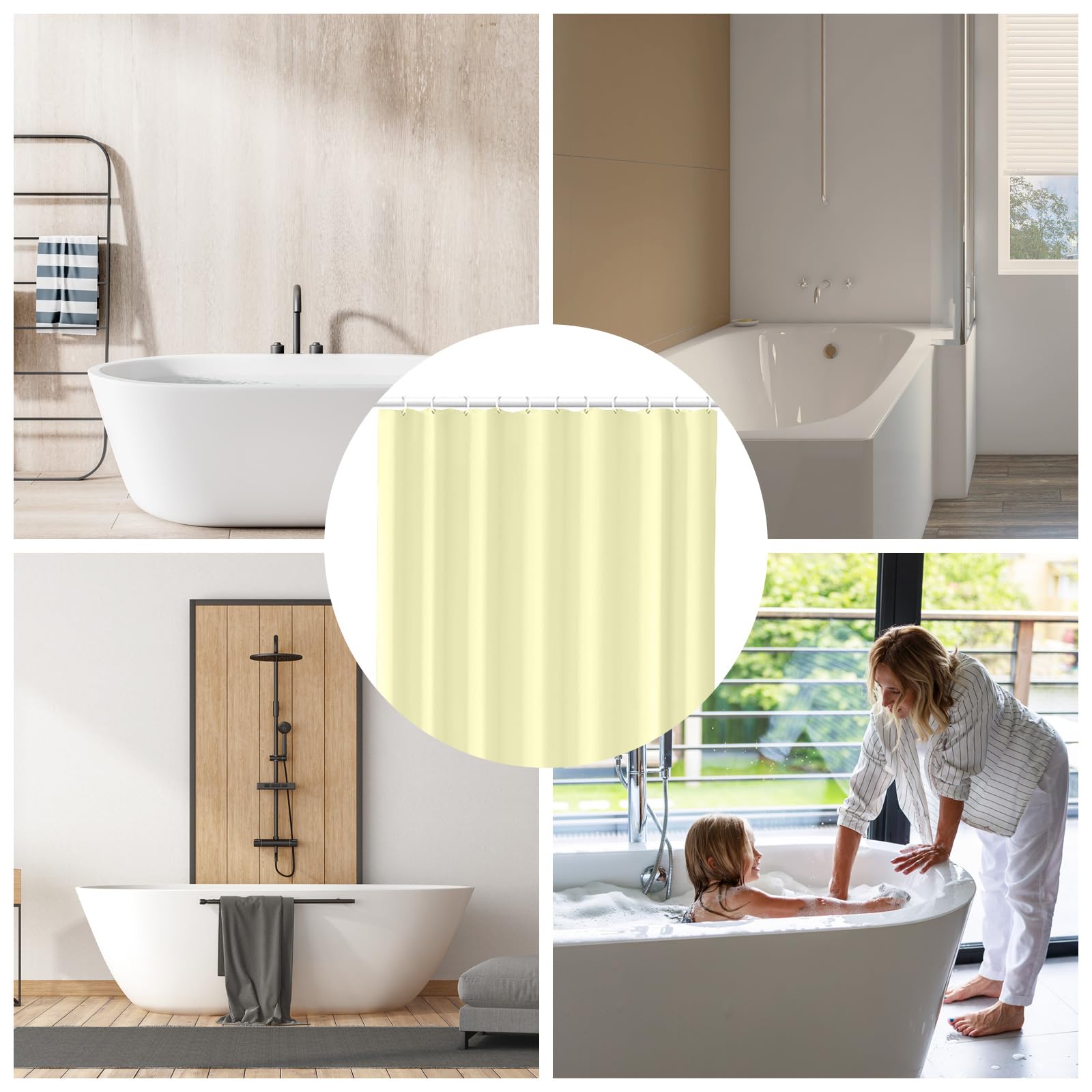 Cortina de ducha de plástico PEVA con 12 ojales inoxidables y 3 imanes, cortinas de baño ligeras e impermeables (amarillo)