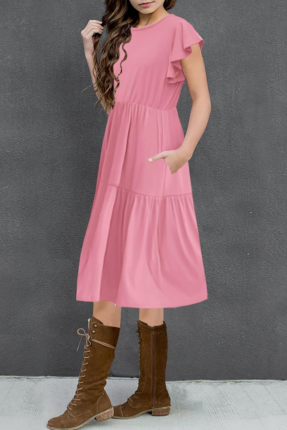 HOSIKA Girls Summer Ruffle Short Sleeve Crew Neck Loose Casual Flowy Tiered Short Dress with Pockets for 6-12 Y - Image 3