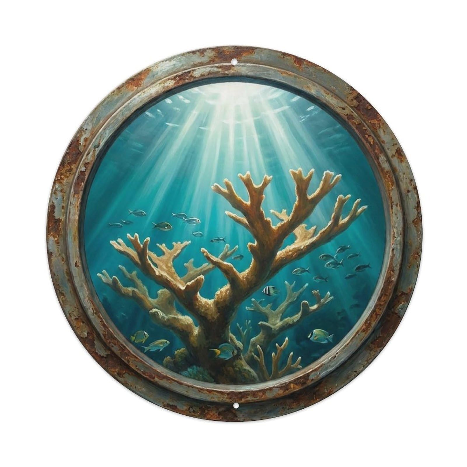 Vintage Porthole Elkhorn Coral Ship Window Under Deep Metal Tin Sign