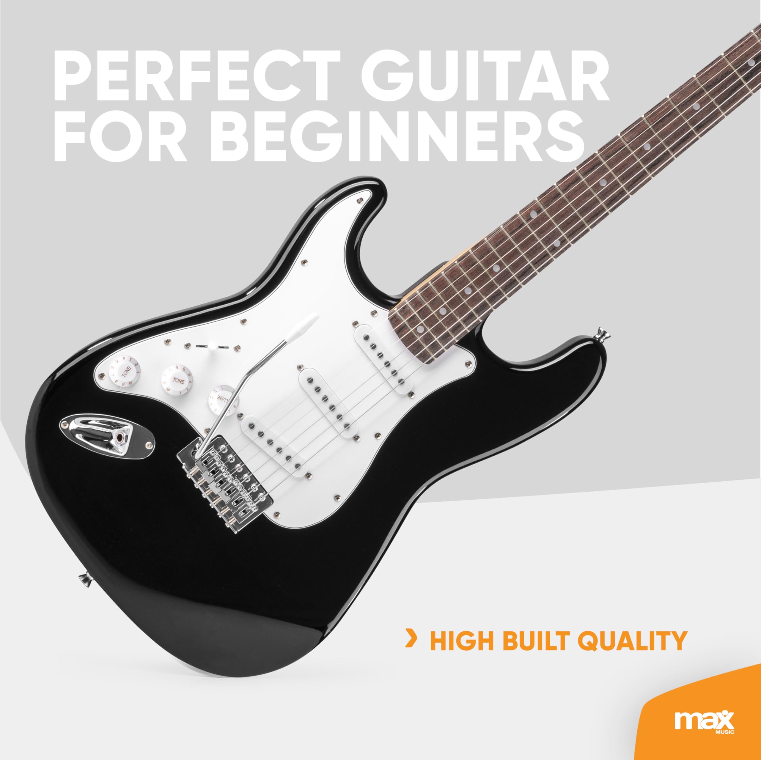 MAX GIGKIT Guitare Électrique Gaucher Noire - Pack Complet Débutant avec Ampli 40 Watts, Nombreux Accessoires Inclus, Housse, Accordeur, Sangle, Médiators, Cordes, Idéale pour les Débutants