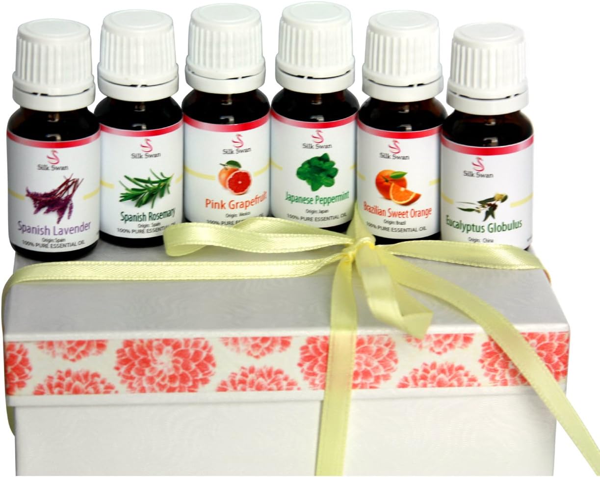 6 Pure Essential Oil Starter Gift Set (Spanish Lavender, Brazilian Sweet Orange, Japanese Peppermint, Spanish Rosemary,Eucalyptus, Pink Grapefruit)