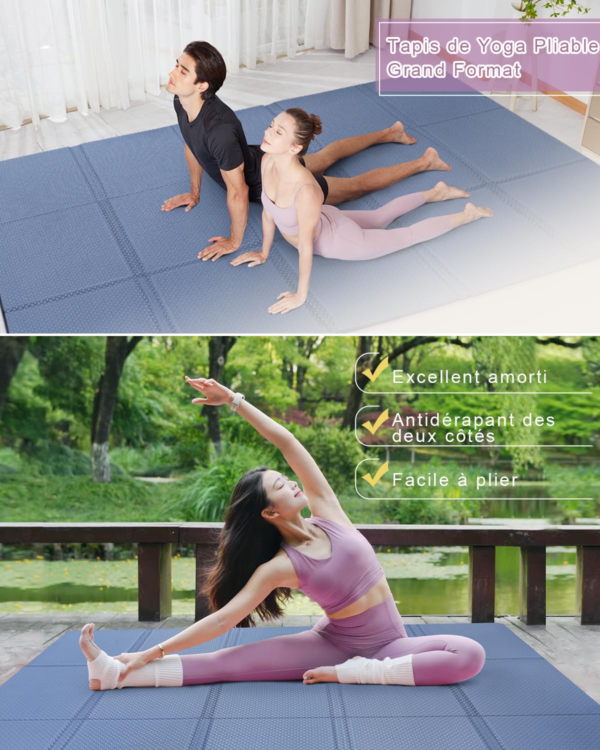 Tapis de yoga pliable XXL - 200 x 130 cm - Antidérapant - En TPE - 5 mm/10 mm d'épaisseur - Avec sac de transport - Pour la maison, les voyages, le pilates