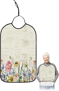 Kewadony Adult Bibs for Elderly Women - Spring Floral Waterproof Dining Clothing Protectors with Crumb Catcher for Eating/Feeding, Blue Pink Flower Botanical Vintage Letter Terry Cloth Bib Washable