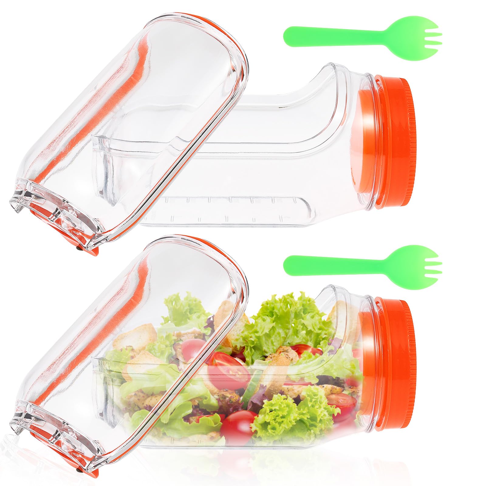 Salad Pod with Fork, 700ml Salad Jar with Side Opening, Built-in Bowl Design, Leak Proof Sauce Dressing Case, Dishwasher Safe, Microwave Safe, Fresh Salads Storage for Lunch, Fruit(Orange 2PCS)