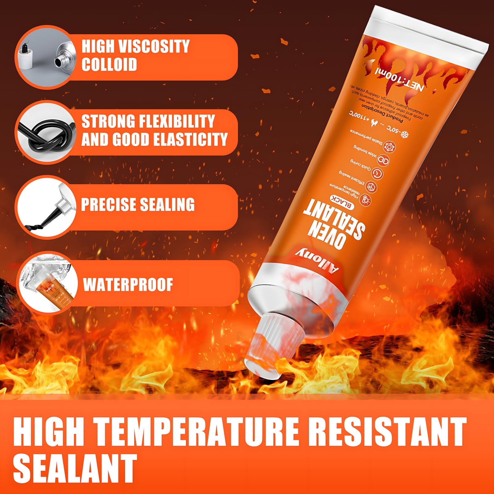 ALLONY Silicone Alta Temperatura, Colla Alte Temperature, Nero Adesivo Resistente al Calore, Calore Fino 1100 Gradi, Adatto per Sigillatura ad Alta Temperatura Vari Tipi di Guarnizione Forn - 4