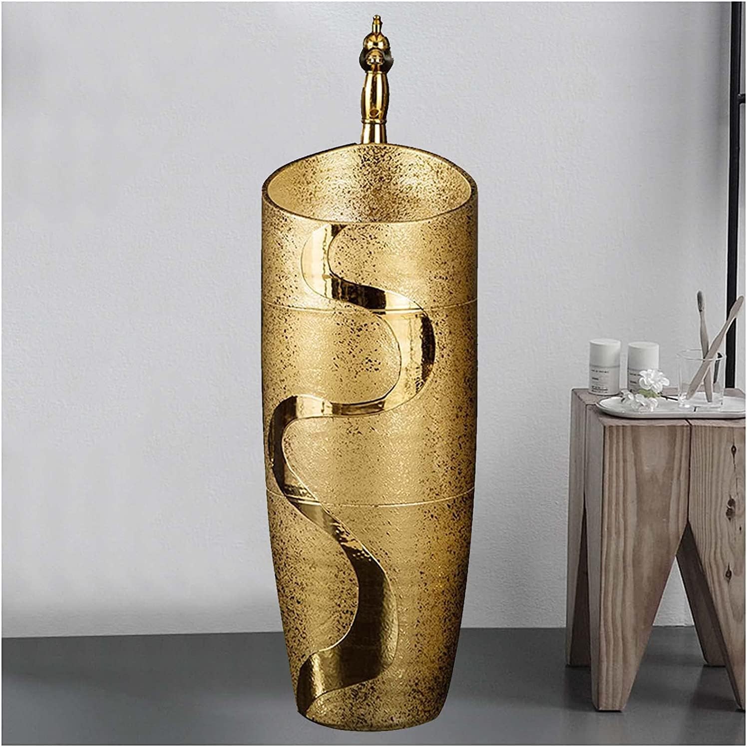 Freestanding Pedestal Sink Hotel Art Basin, Bathroom Ceramics Modern Style Decor with Hard and Easy to Clean Floor Standing Basin Unit, Waterproof Rustproof (Size : Without (with