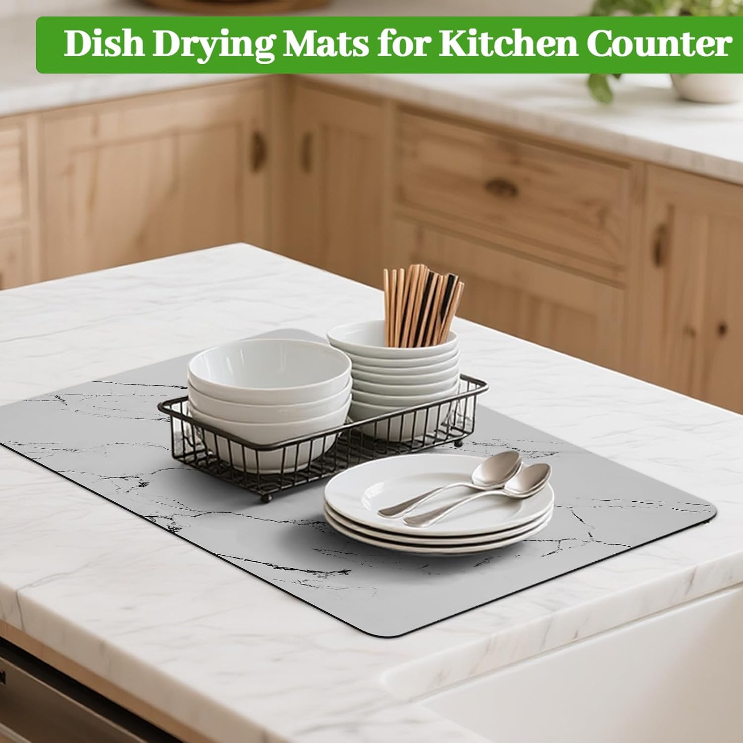 Dish Drying Mat For Kitchen Counter,24"x16" Coffee Mat，Absorbent Hide Stain Non-slip Rubber Backed，Easy Clean, Large Kitchen Drying Mat（White+Gray）