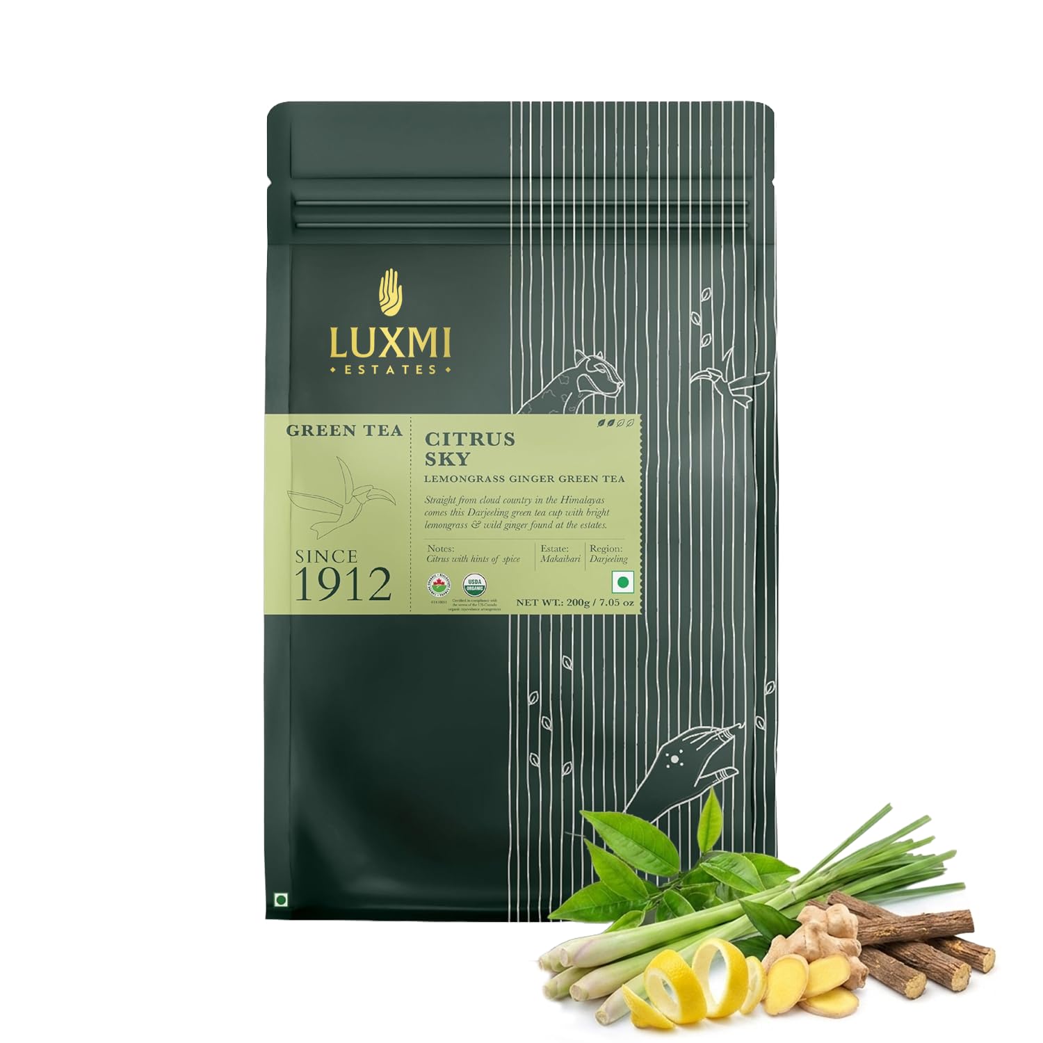 Luxmi Estates Citrus Sky Lemongrass Ginger Green Tea 200g Loose Leaf Pack | Certified Organic Darjeeling Green Tea | Citrus Flavor & Aroma | Natural Lemon Balm Tea - Calming, Supports Digestion | Lemon Grass Leaves | 100 Cups Lemongrass ginger green 200 g (100 cups)