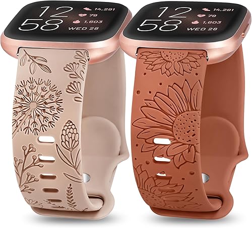 Miniatura 1 de Minyee Paquete de 2 correas con grabado floral compatibles con Fitbit Versa 2Fitbit VersaVersa Lite para mujeres, linda correa deportiva de silicona