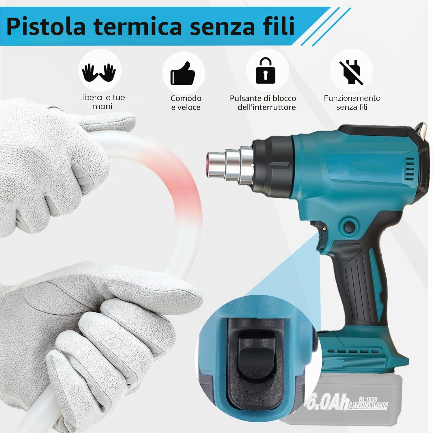 Pistola ad aria calda a batteria per Makita da 18 V (senza batteria), pistola ad aria calda con 4 ugelli, pistola ad aria calda a batteria per saldatura, piegatura di tubi, rimozione della vernice