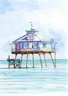 Mobile Bay Lighthouse, Middle Bay, Alabama. Gulf Coast Screwpile. Matted Watercolor Art Prints (5x7)