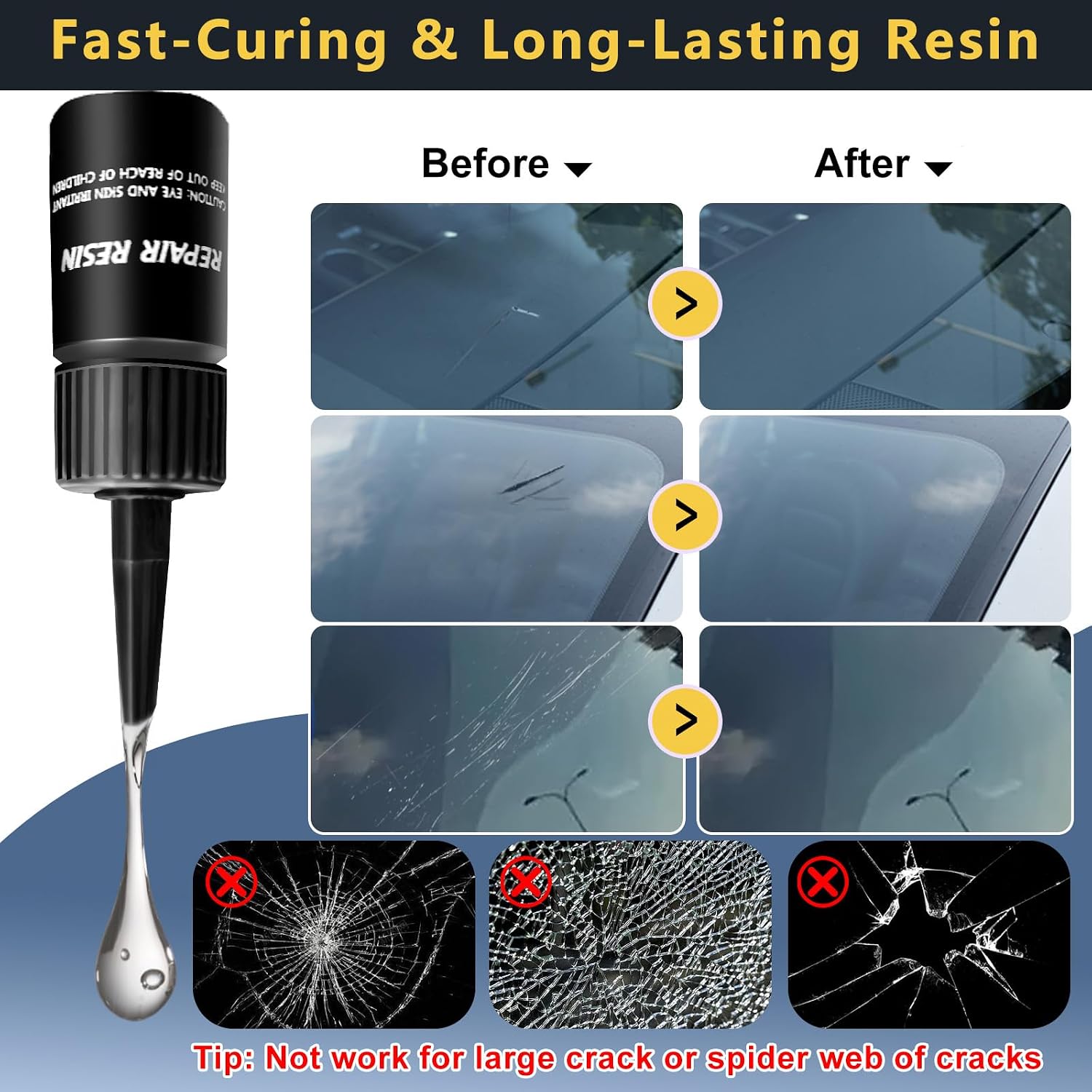 LOCBONDSO Windshield Repair Kit, Upgraded Fast-Curing Resin & Pressure Syringe, Quick Fix Auto Glass Repair for Chips, Cracks, Star & Bulls-Eye Damage, Long-Lasting Car Windshield Repair