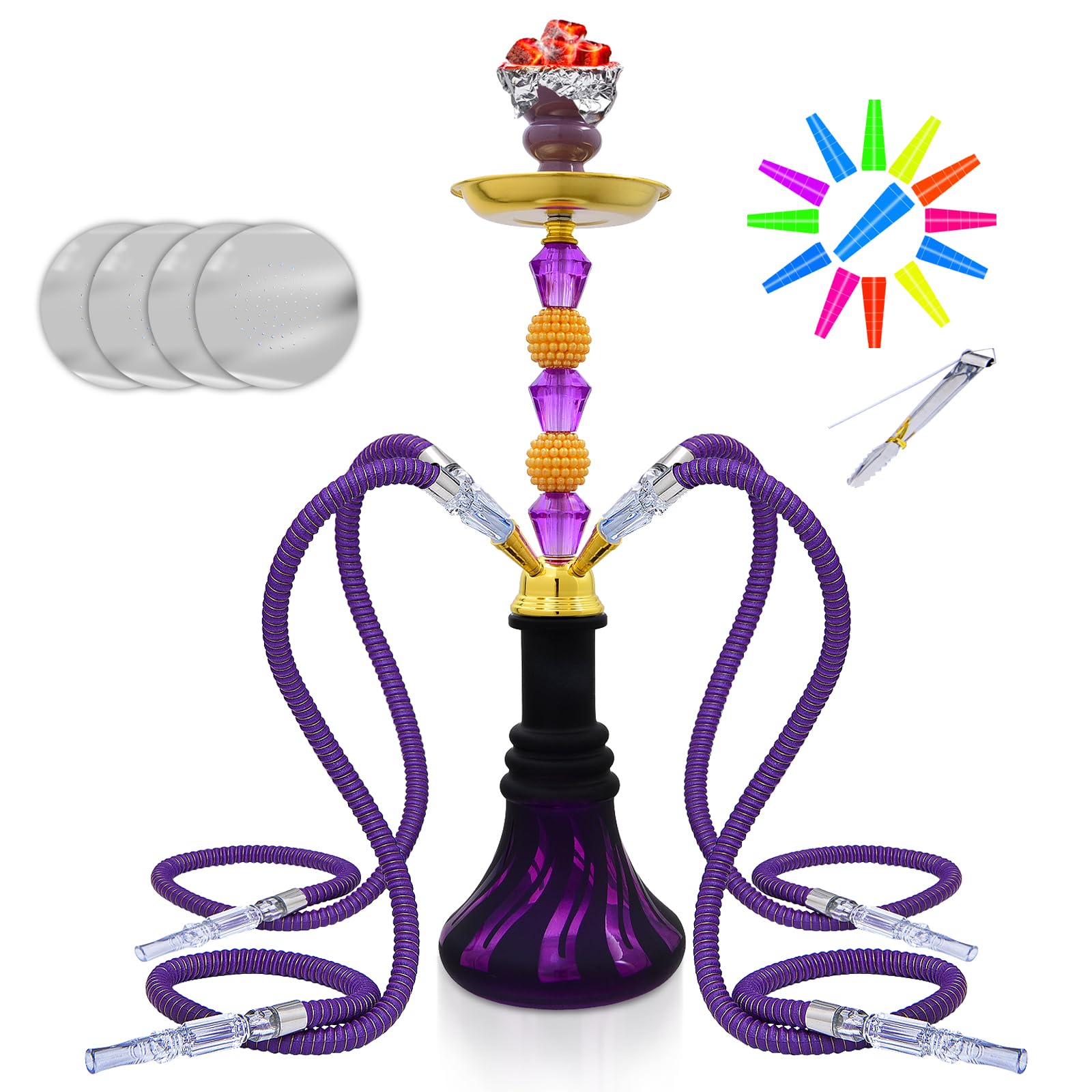 21 Hookah Set with Everything Premium Hookah Shisha set- Glass Vase 4 Hookah Hose Ceramic Bowl 50 Hookah
