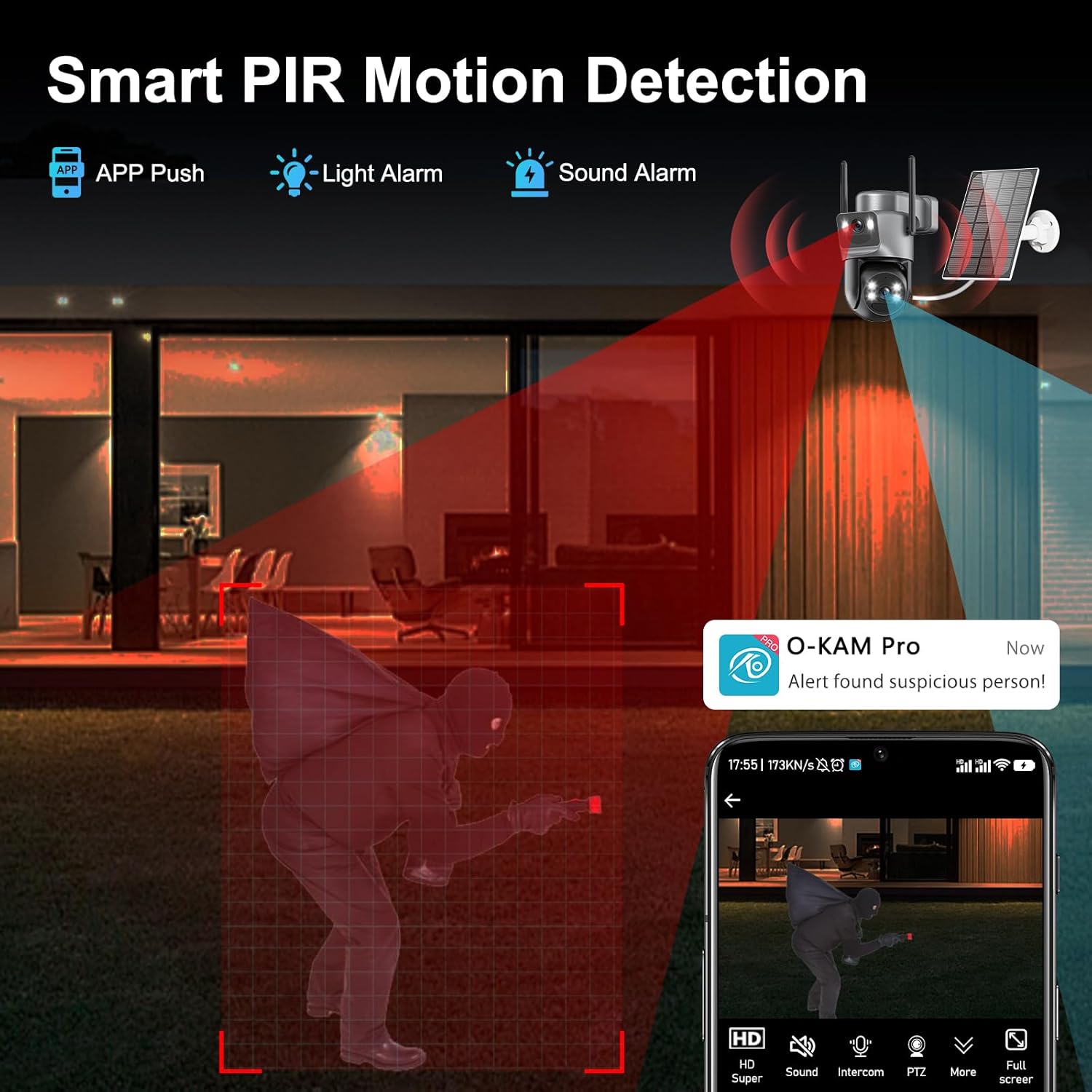 4K Solar Security Cameras Wireless Outdoor, 2.4G/5Ghz WiFi 6,Cameras for Home Security,Dual Lens Solar Camera with Auto Tracking, PIR Human Detection, 8MP Color Night Vision, Spotlight Siren,Alexa - Image 4