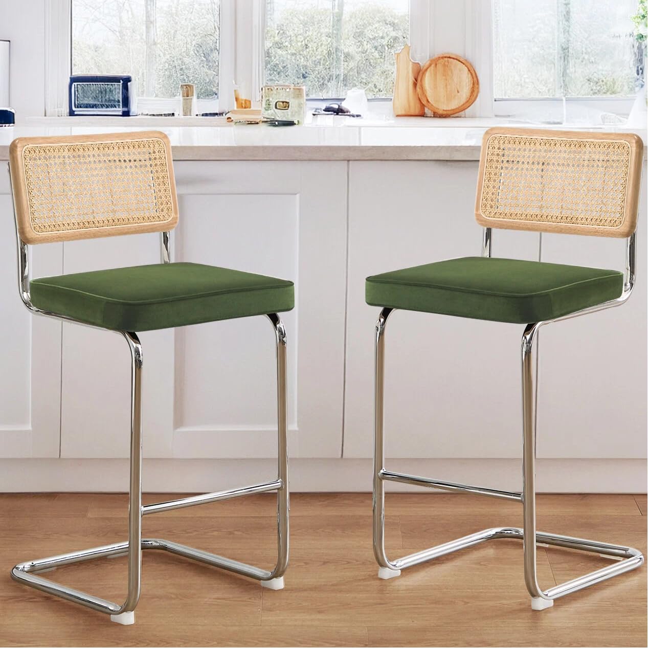 Zesthouse Natural Rattan Bar Stools Set of 2, 26'' Modern Boho Counter Height Bartools with Solid Wood Back, Mid Century Counter Stools with Velvet Cushion, Cane Back Island Chairs for Kitchen, Green
