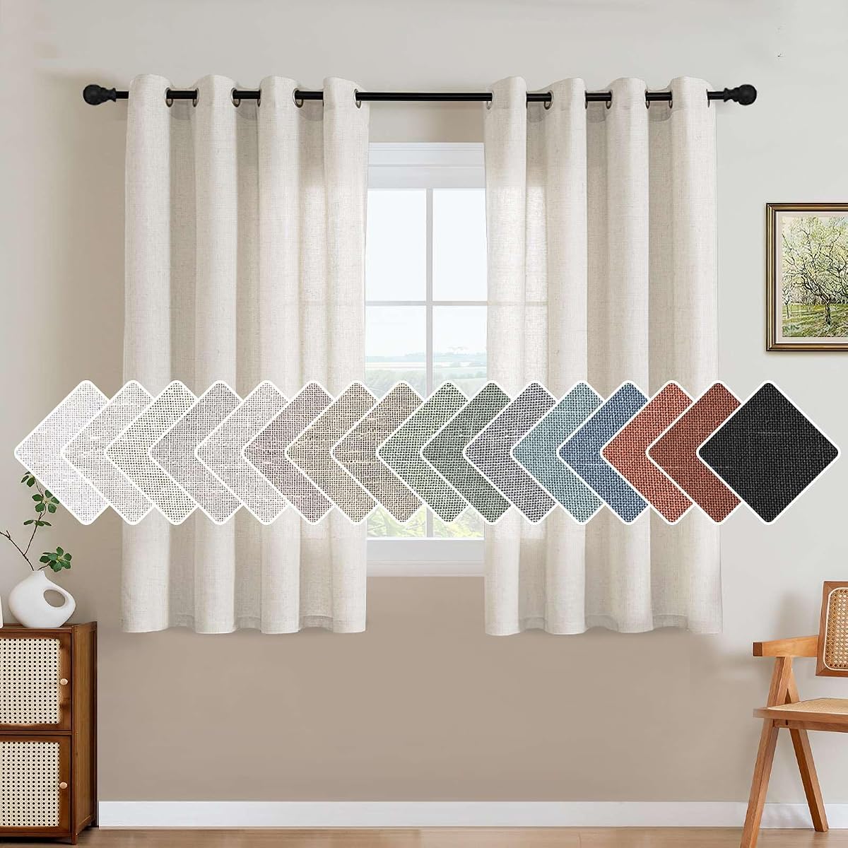 H.VERSAILTEX Elegantes cortinas con textura de lino con mezcla de lino natural y eficiencia energética, con ojales de níquel, paneles/cortinas semitransparentes para tratamientos de ventanas (juego de 2, natural jaspeado, 52" x 54")