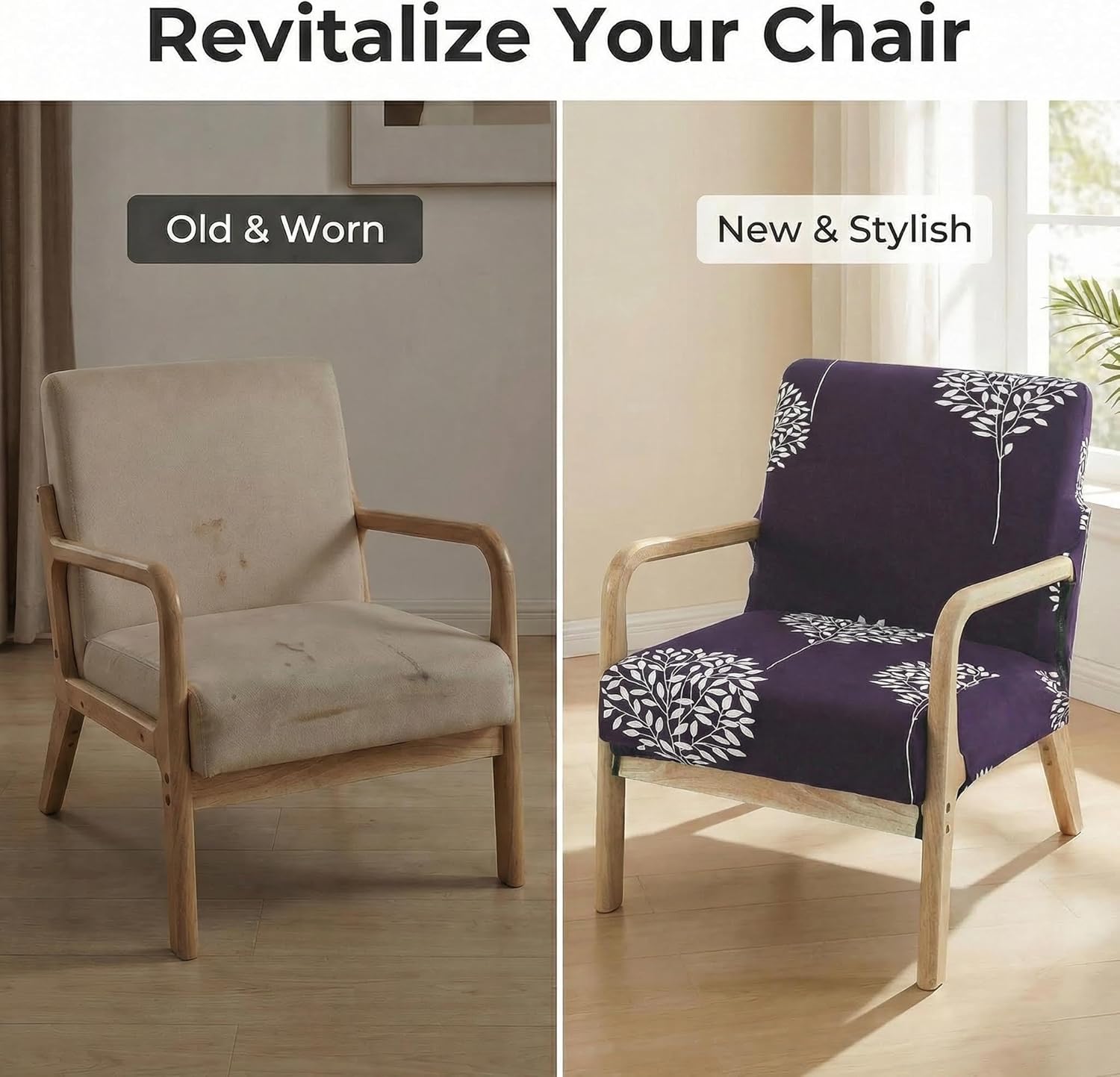 Deisy Dee Printed Mid-Century Modern Chair Cover, Stretch Reading Armchair Covers, Upholstered Living Room Chair Covers (Purple Tree)