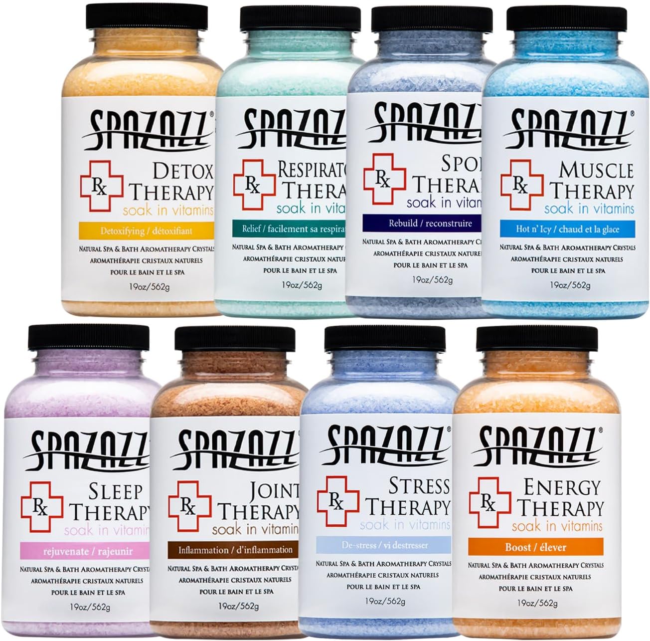 Spazazz RX Therapy Aromatherapy Salt Crystals 19oz 8-Pack Bundle – Muscle, Joint, Detox, Stress, Respiratory, Sport, Sleep, Energy – Hot Tub & Bath Soak – Spazazz Hot Tub Crystals for Relaxation