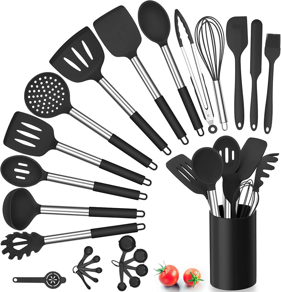 Herogo Küchenhelfer Set, 25 Stück Silikon Küchenutensilien mit Halter, Hitzebeständiger Kochbesteck Set mit Edelstahlgriff, Antihaft Kochutensilien Küchenset, Aufbewahrungsbehälter, Schwarz