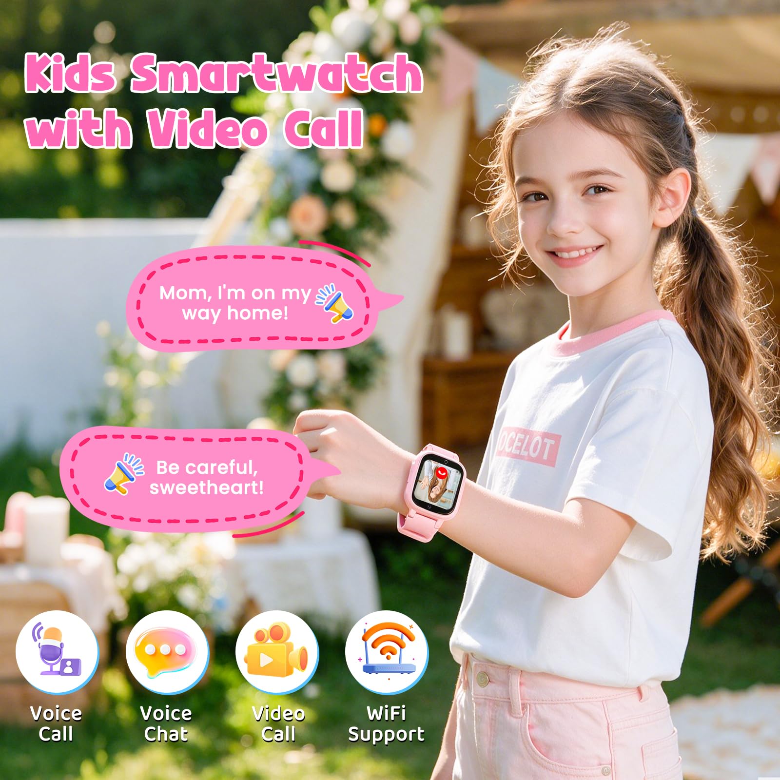 4G Smartwatch Bambini, Orologio GPS Bambini con Videochiamate Impermeabile | Chat Vocale, Modalità Classe, Sveglia, Contapassi, Fotocamera, Calcolatrice, Smart Watch per Ragazzi e Ragazze Regalo Rosa