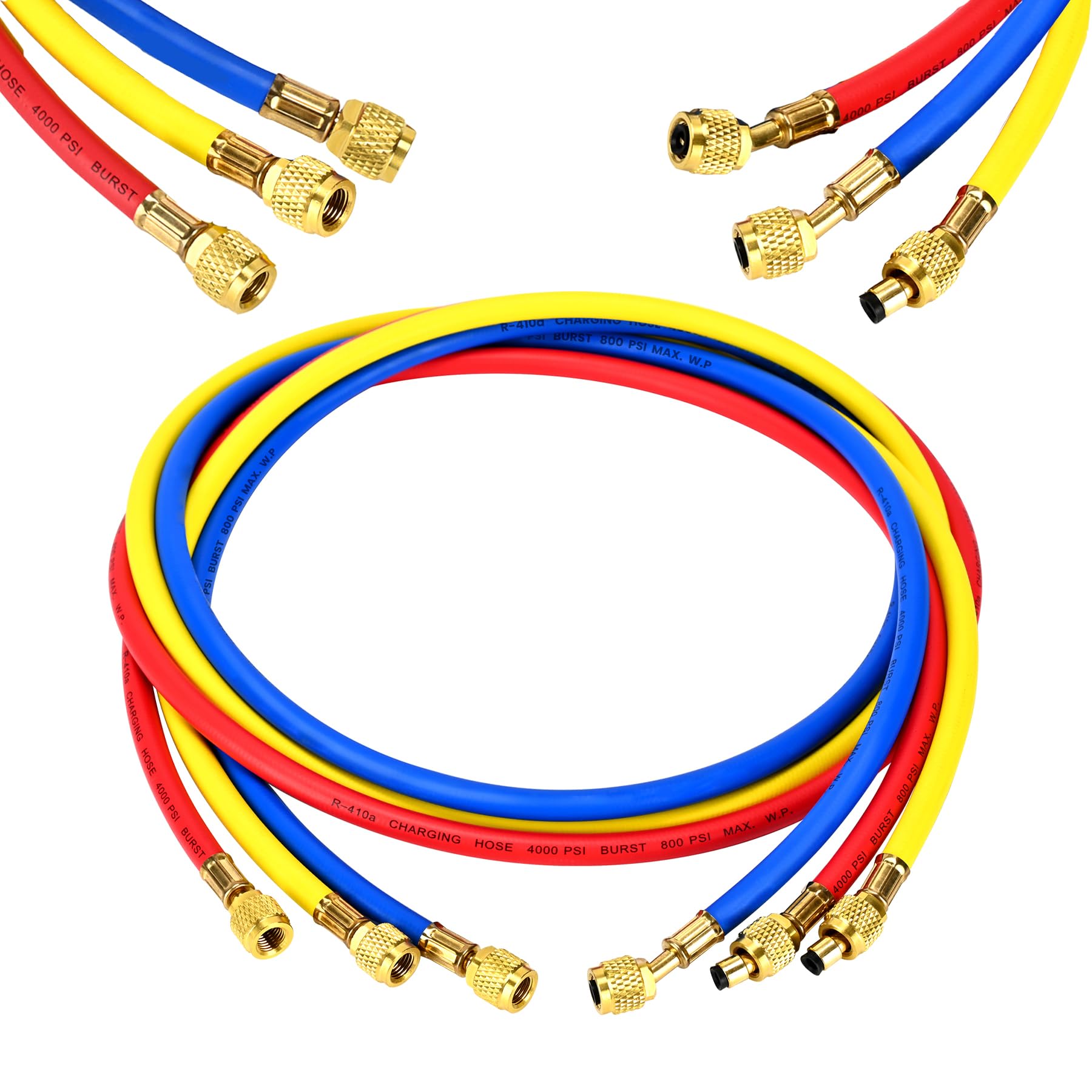 2026 Upgrade 21985 Plus II 1/4" Refrigerant Charging Hose, 60” (5FT), Standard 1/4" Flare Fittings, for R410A, R134A, R22 and All Common Refrigerants, Yellow/Red/Blue (3-Pack)
