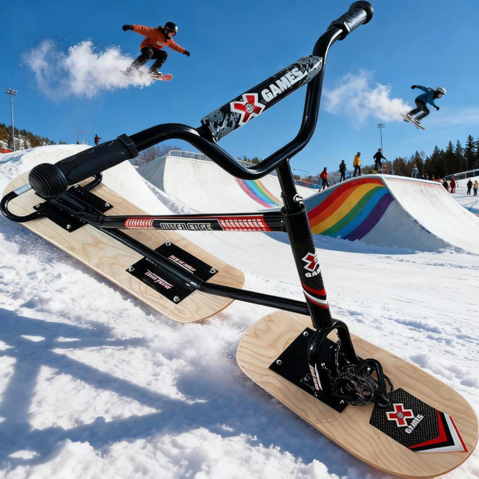 Snowboard/Scooter Da Neve Leggero: Design Con Doppio Sci Girevole A 360°, Impugnature Sicure E Antiscivolo, Adatto Per Snowboard, Sport Invernali, Attività In Giardino E All'aperto. woodcolor