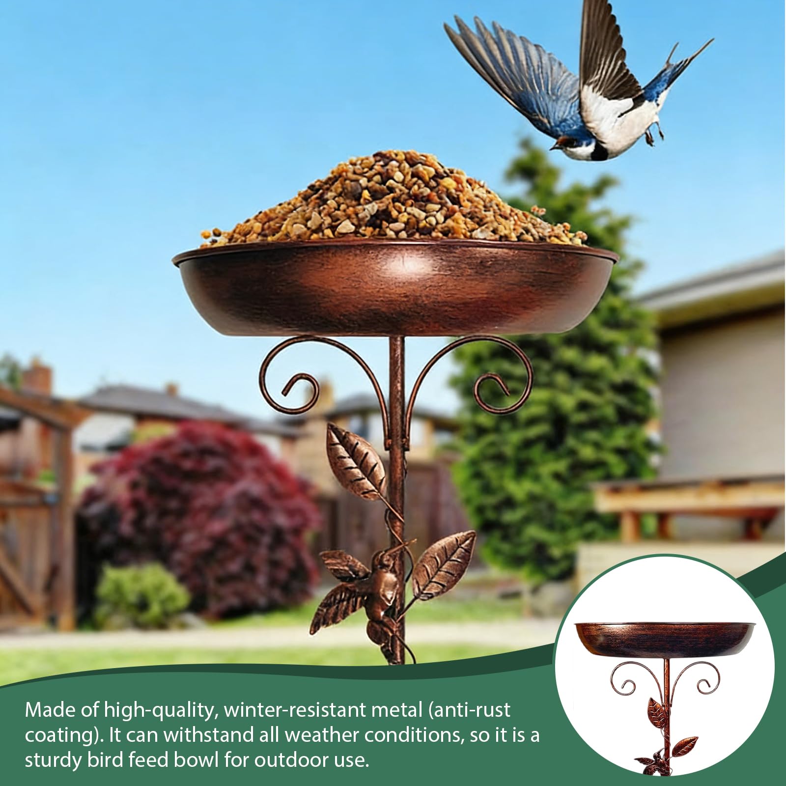 Bain d'oiseaux debout pour oiseaux - Bain d'oiseaux pour le jardin - Bain d'oiseaux avec oiseau et feuille - Base améliorée à 5 dents - En métal - Pour terrasse, cour, décoration de pelouse