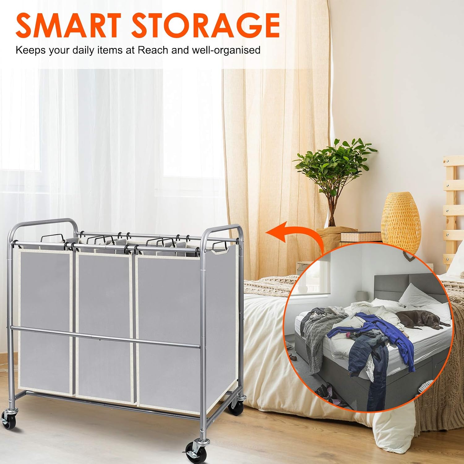 Simple Trending 3-Bag Laundry Hamper Sorter Cart with Heavy Duty Rolling Wheels and Removable Bags, Silver