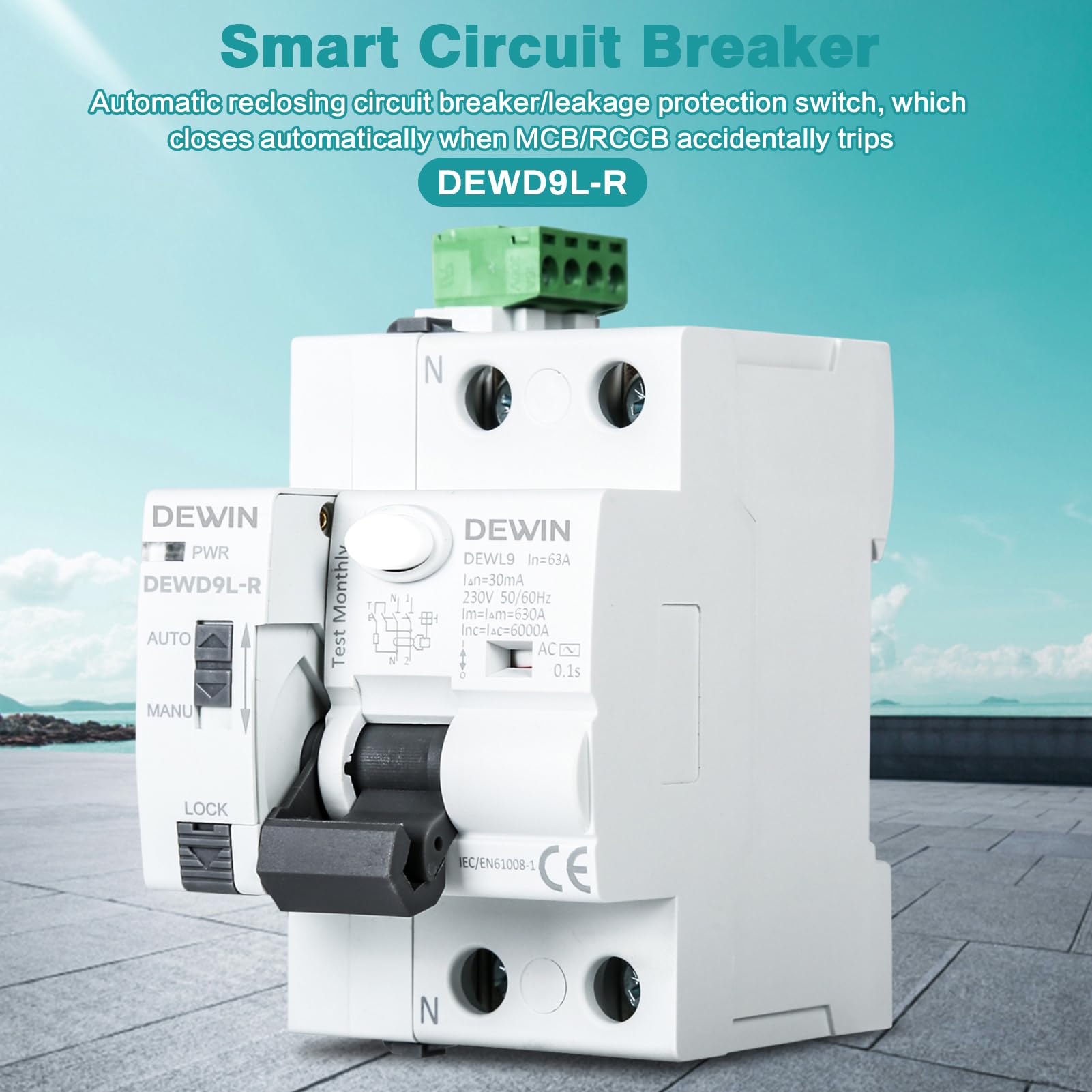 DEWIN Interruttore Differenziale a Riarmo Automatico Differenziale, 2P AC230V 63A 30mA Salvavita con Riarmo Automatico Salvavita Autoriarmante RCCB