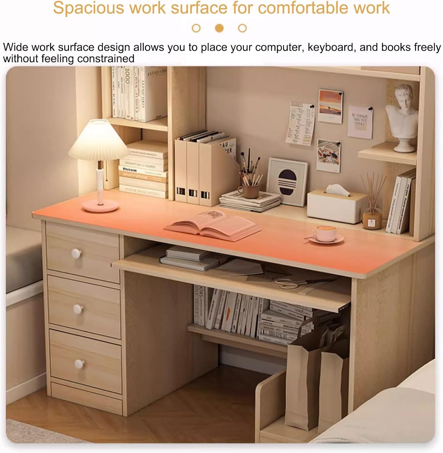 Home Office Desk, Gamer Desk, Efficient Home Laptop Notebook Computer Desk, Gaming Desk with 3 Drawers, Office Desk with Shelves, for Home Office Bedroom(White,120cm/47.5in)