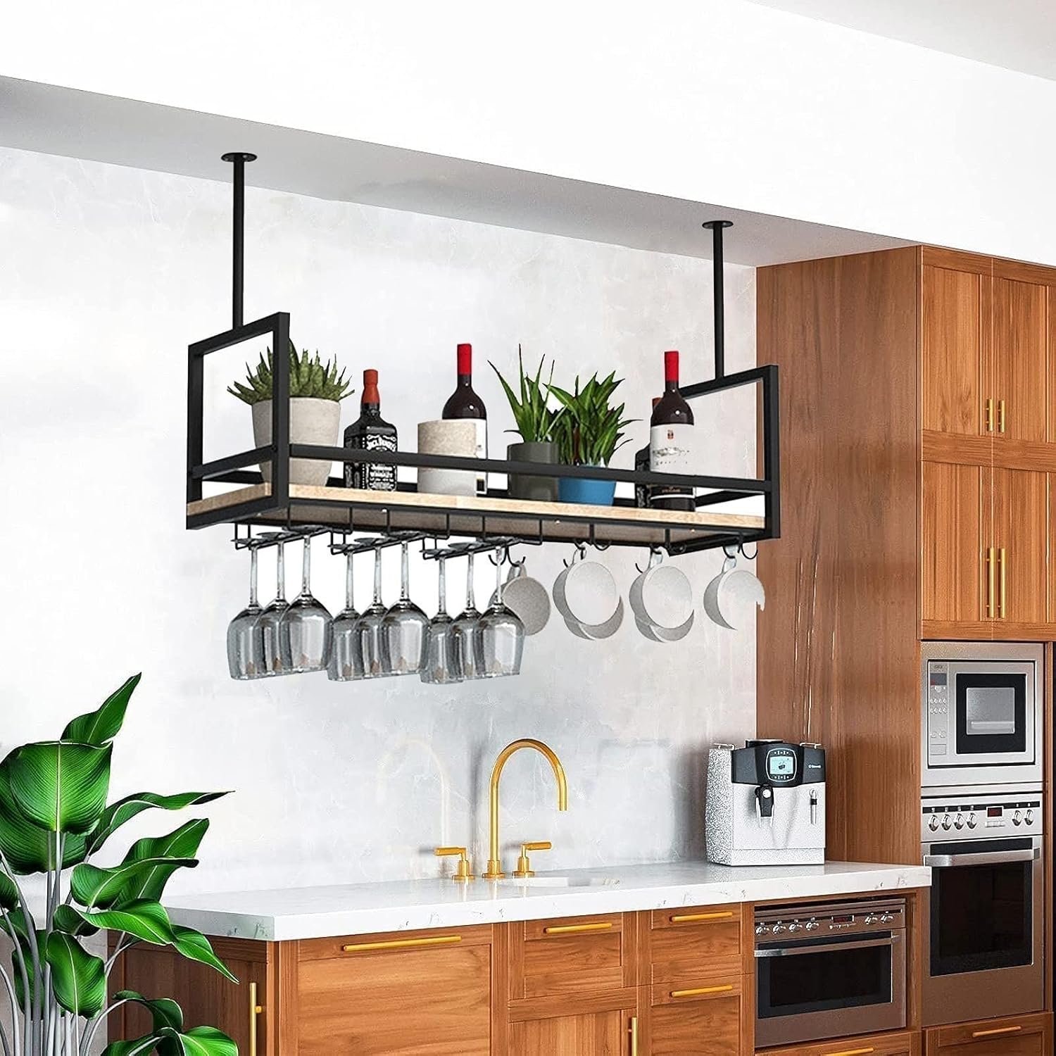 Floating Wine Glass Holder Ceiling Mounted Wine Rack with Guardrail for Bar/Kitchen/Pub Decor Wrought Iron and Solid Wood Storage Shelf Black Suspended Ceiling Organizer (80 * 30*.
