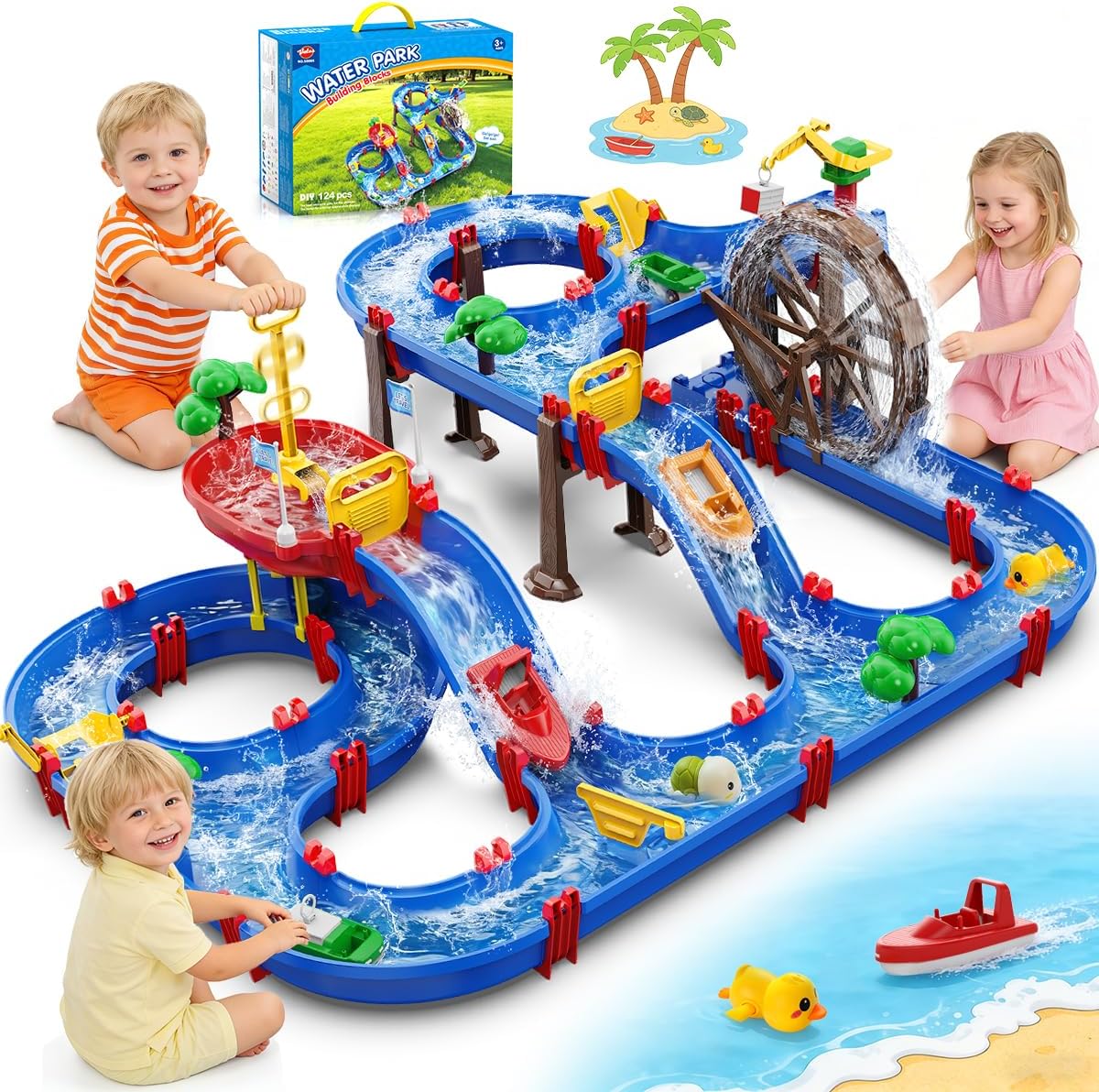 VATOS 2-Tier Watermill Summer Water Table, 124 PCS DIY Water Table with Water Pump Toys for Toddlers 3-5 4-7 Years Old, Fun Water Playset Outdoor Water Toys for Backyard, Beach, Balcony, Garden