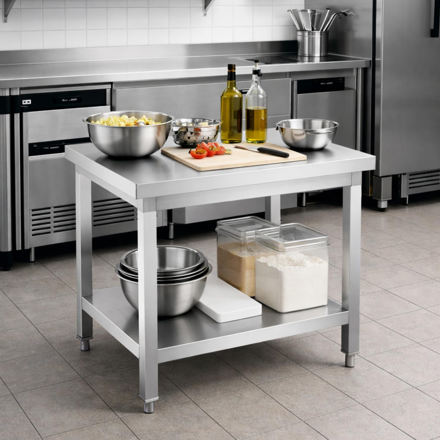 Mesa de acero inoxidable profesional central 700 × 700 mm – Profundidad 700 mm – Estante bajo – INOX AISI 201