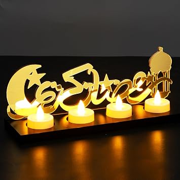 Rossesay Islamic Decorations Islamic Candle Holder with LED Tea Candles Wooden Acrylic Islamic Tabletop Decors Ramadan Kareem Eid Mubarak Sign Muslim Gifts for Home Table Party DecorationsNovelty