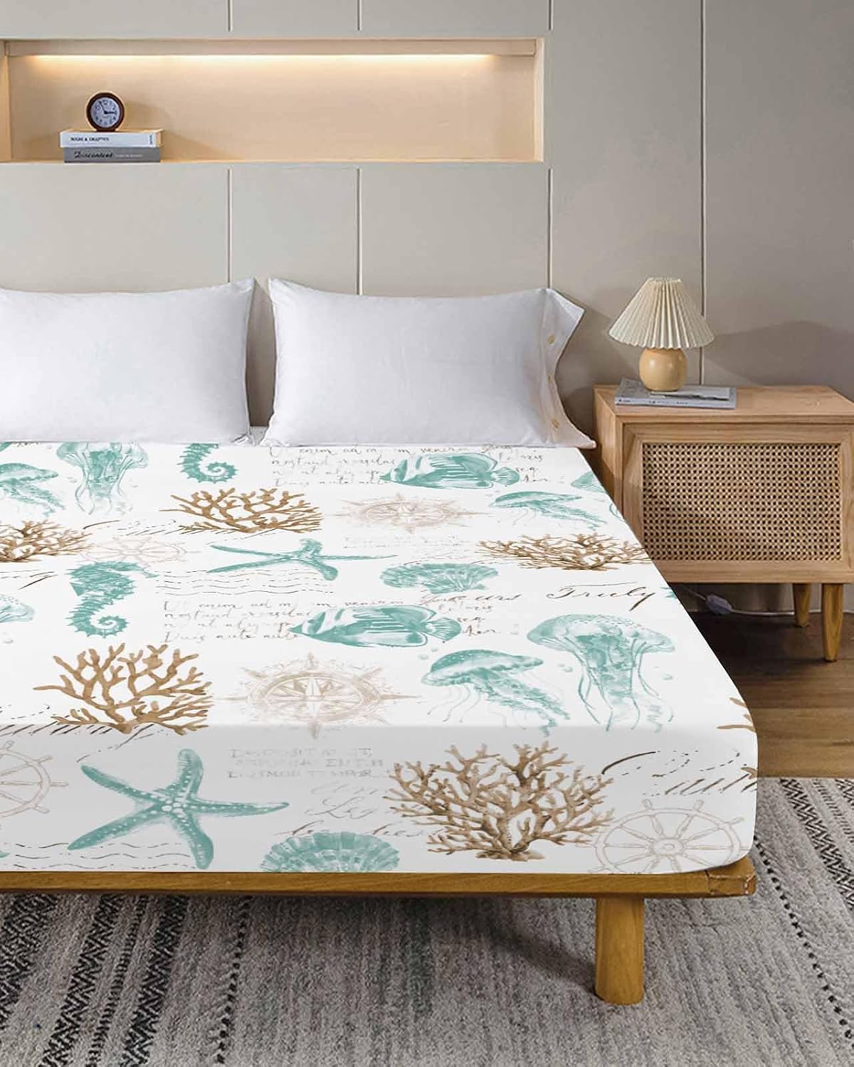Top Sheet King Bedding Flat Sheet Only, Vintage Green Seahorse Starfish Brown Coral Microfiber Bed Sheets Soft Breathable Bedding Flat Sheets, Marine Life Hotel Luxury Top Sheets