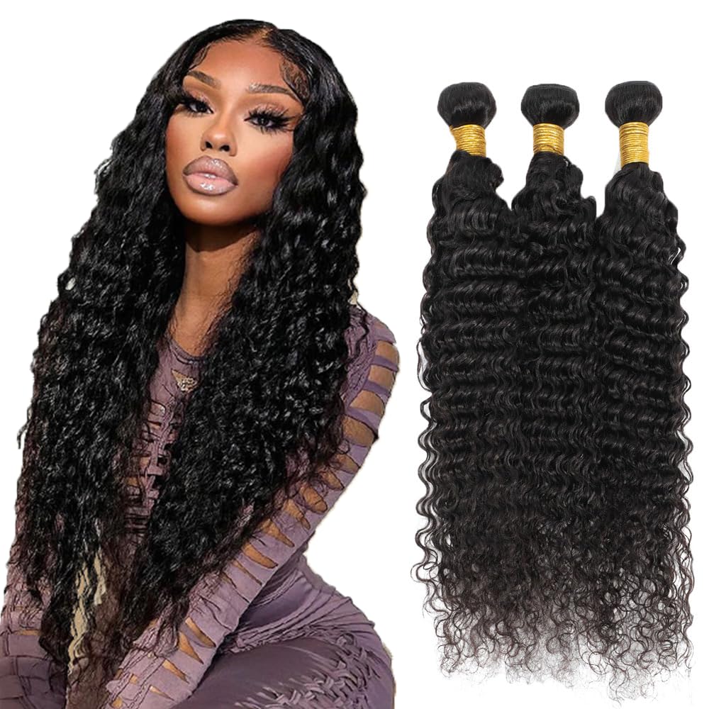 Human Hair Bundles Deep Wave Bundles 16 16 16 Inch Unprocessed Brazilian Virgin Hair Weave Deep Wave Human Hair Extensions #1B Natural Color Bundle 3 Bundles 50 Grams Per Bundle For Woman