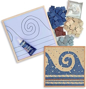 Make it Mosaics - Ancient Motifs, Modern Materials Mosaic Kit with Leponitt Mosaic Tile Nipper  10.5" x 10.5" - Blue Wave Pattern
