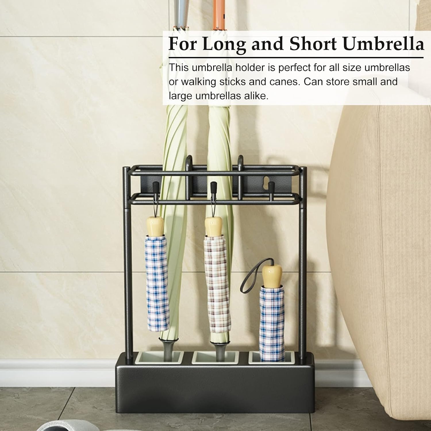 European Style Umbrella Holder with Hooks, Durable Iron Umbrella Rack for Long/Short Umbrellas, Umbrella Stand with Removable Drip Tray
